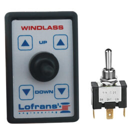 Lofrans bedieningsschakelaar Type L windlass paneel, rechthoekig, met pijlen, joystick, RVS ON/OFF/ON-schakelaar voor ankerbediening.