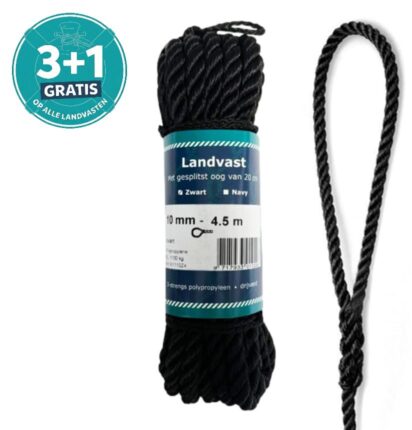 Luxe landvast, 100% polyester, 10mm dik, 4,5m lang, gesplitst oog; aanbieding "3+1 gratis"; voor aanmeren laars.