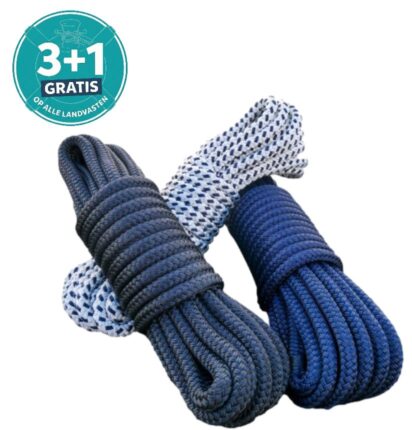 Three Luxe landvast 100% polyester, zeiltouw marineblauw, kobaltblauw, wit/blauwspikkel-voor afmeren. Actie: 3+1 gratis.