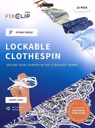 Fixclip Mini Stormvaste Wasknijper 16 stuks, stormvaste wasknijper met slimme sluiting, gemaakt van gerecycled materiaal, voor zeilwaslijnen.