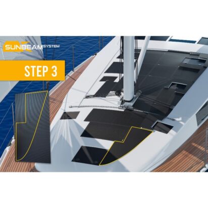 SUNBEAMsystem Hole Filler Black serie, rubber afdichtrubber; dektoepassing jacht, close-up sectie geel omlijnd.