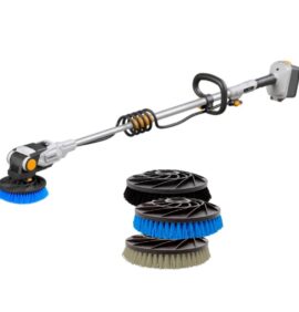 Batavia Twin Brush 18V dekborstel, drie verwisselbare borstels, lange steel, zonder accu/oplader; voor het schoonmaken van trappen en het dek.