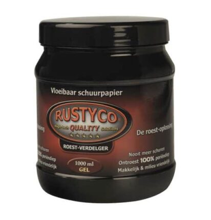 Rustyco® Roestoplosser Gel 1000 ml, zwarte pot. Ideaal voor het verwijderen van roest op scheepsbeslag; geen schuren nodig. sailspecials.nl leiderdorp zeilen