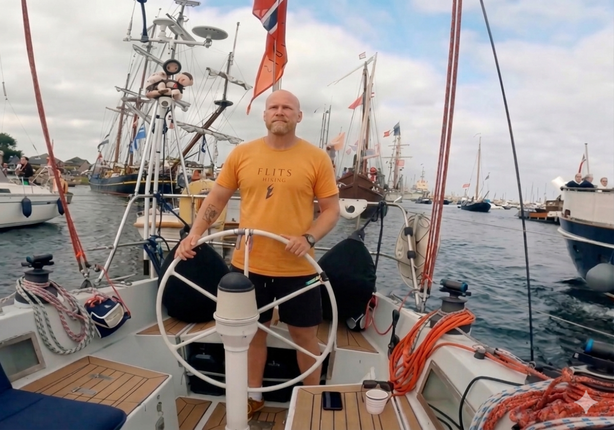 Man aan het roer in Helly Hansen Palma zeilhandschoenen, polyester zeiljack, op jacht tussen vlaggen in Nederlandse haven.