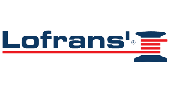 Lofrans ankerlier logo, donkerblauwe tekst, rode lijn als onderlijning, trommel rechts; geschikt voor zeilboot of jacht.