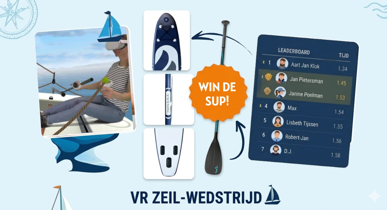 VR-headset van Oculus, carbon SUP-peddel, VR-controller, leaderboard tijden, SUP-winactie. VR Zeilwedstrijd 21 maart.