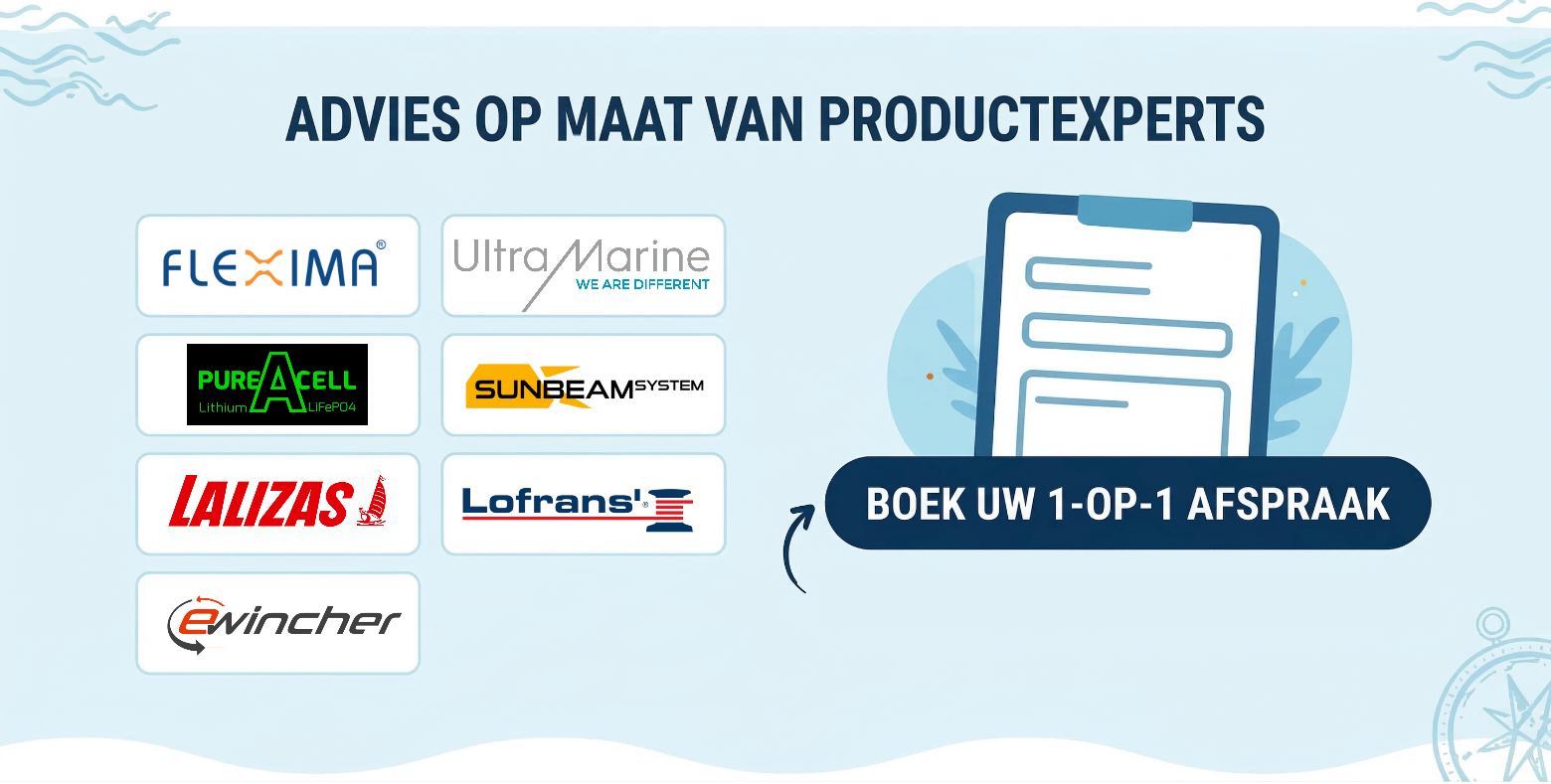 Flexima matras, Ultra Marine anker, Puracell lithiumaccu, Sunbeamsystem zonnepaneel op dek; 1-op-1 afspraak boeken.