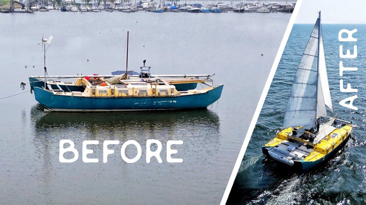 Links: verouderde Poly Marine kajuitzeilboot (polyester) vóór renovatie; rechts: Bavaria Cruiser sportzeiler na refit, wedstrijdgebruik.