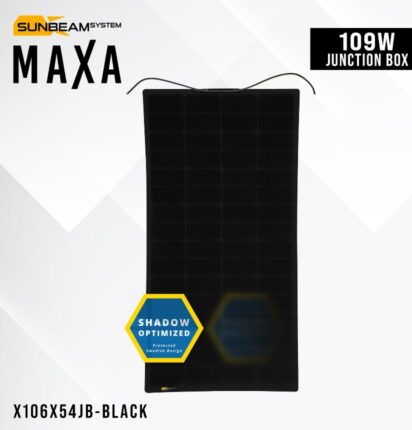 SUNBEAMsystem Maxa 109W zonnepaneel, zwart, schaduw geoptimaliseerd, met aansluitdoos. Voor energie aan dek of op de kuip.