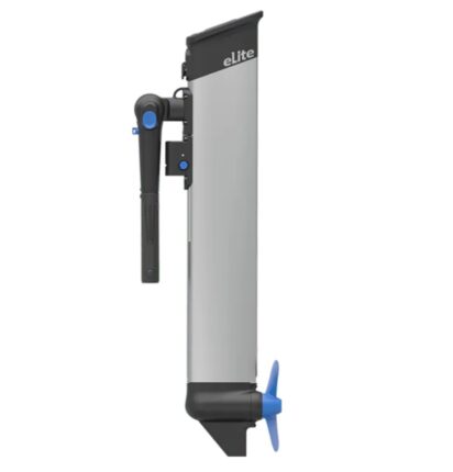 Epropulsion eLite elektrische buitenboordmotor, grijs/zwart, blauwe schroef, lichte accenten; voor sloepen/tenders.
