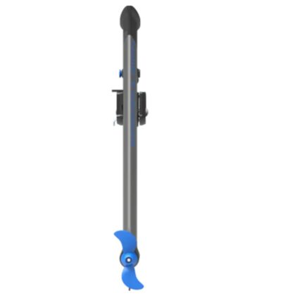 Epropulsion eLite elektrische buitenboordmotor, lang grijs aluminium, blauw schroefwiel, zijmontage voor tender of sloep.