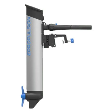 EPropulsion eLite elektrische buitenboordmotor, zilver-zwart, blauwe schroef; ideaal voor fluisterstil varen op sloep of tender.