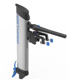 Epropulsion eLite elektrische buitenboordmotor, zilver-zwart, opvouwbare hendel, blauwe schroef, voor bijboot of sloep.