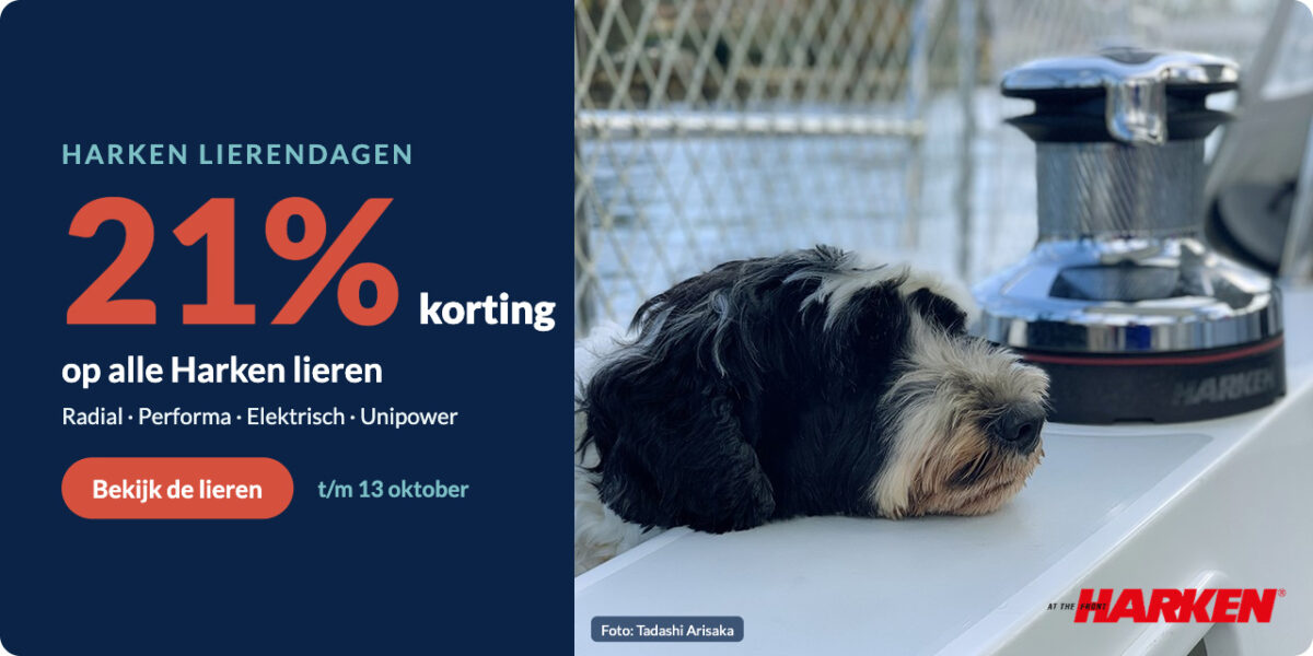 Harken-lier van roestvrij staal; 21% korting tot 13 oktober; voor grootschoot op zeiljachten; knop: Bekijk de lieren; Harken-logo.