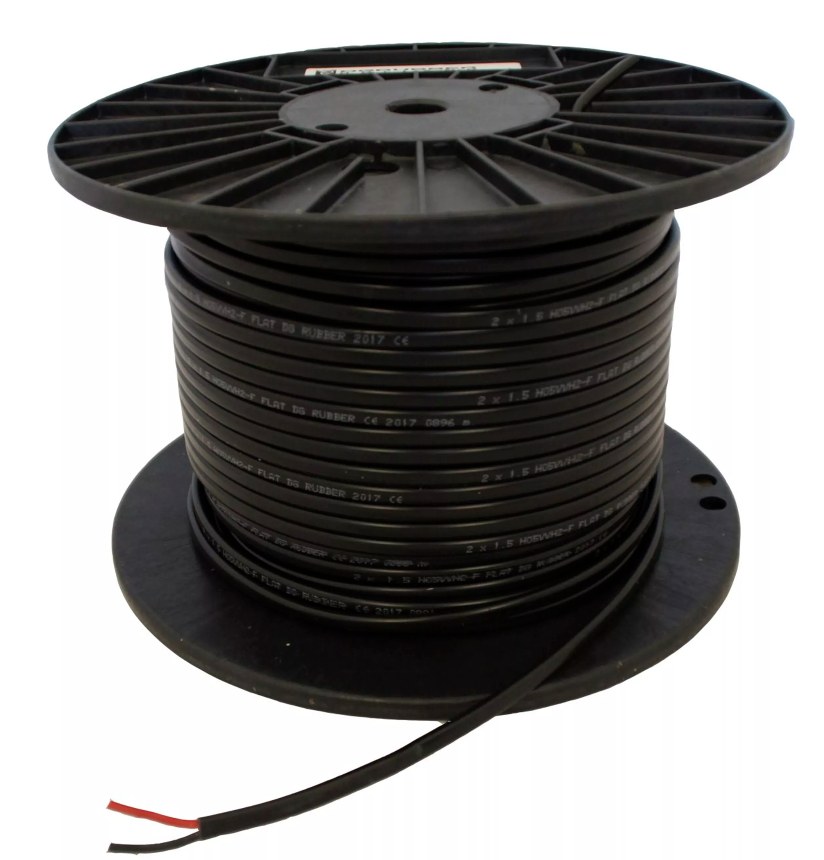 Platte kabel, zwart, 2x0,75 mm² op grote spoel, merk onbekend, stroomkabel voor boordnet, PVC-geïsoleerd, bedrading kajuit.